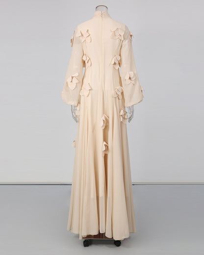 Apricot 3D Floral High Neck Long Sleeve Maxi Dress