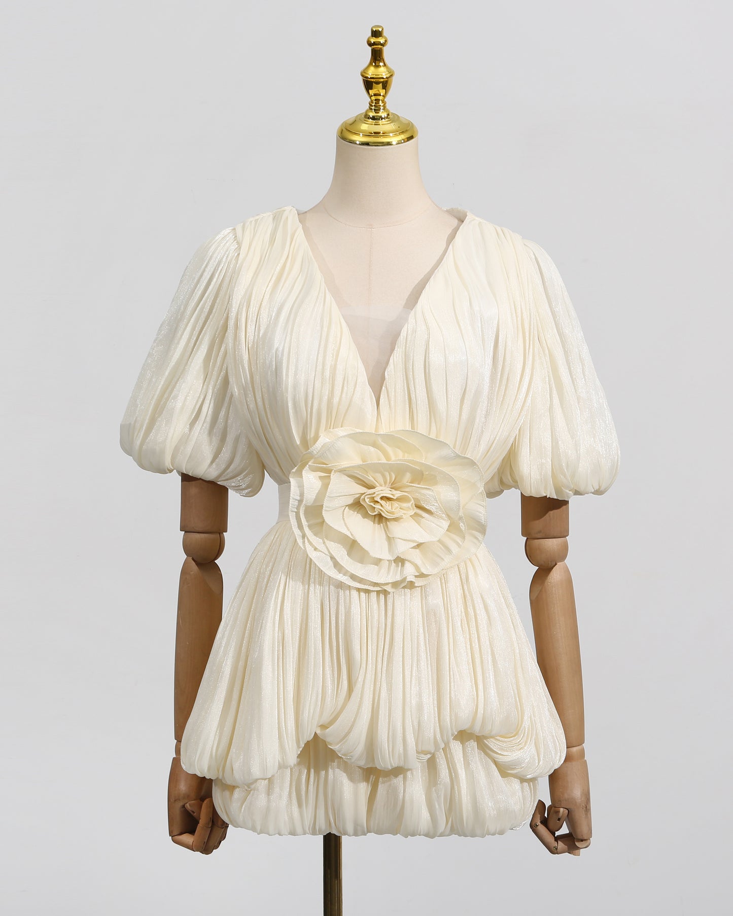 Apricot 3D Flower Ruched Puff Sleeve Mini Dress