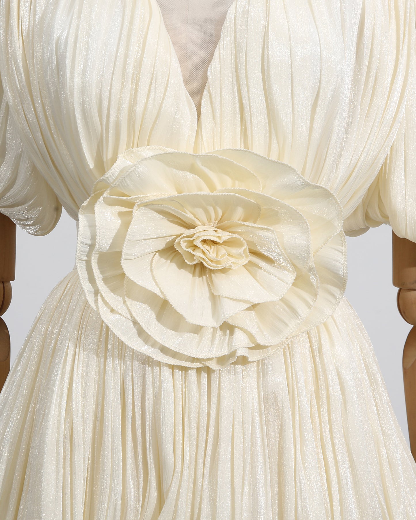 Apricot 3D Flower Ruched Puff Sleeve Mini Dress