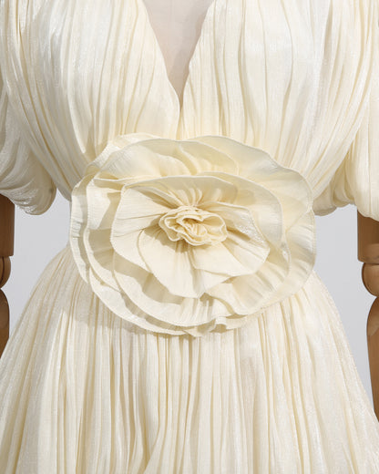 Apricot 3D Flower Ruched Puff Sleeve Mini Dress