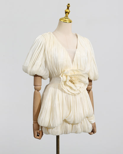Apricot 3D Flower Ruched Puff Sleeve Mini Dress