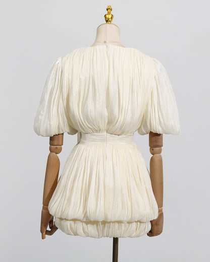 Apricot 3D Flower Ruched Puff Sleeve Mini Dress