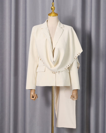 Apricot Beaded Asymmetric Drape Blazer
