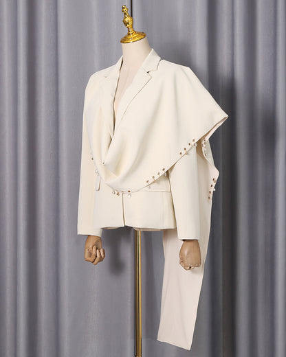 Apricot Beaded Asymmetric Drape Blazer