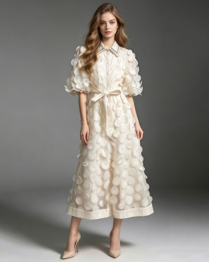 Apricot Beaded Lapel Tunic Belted Maxi Shirt Dress