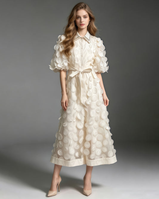 Apricot Beaded Lapel Tunic Belted Maxi Shirt Dress