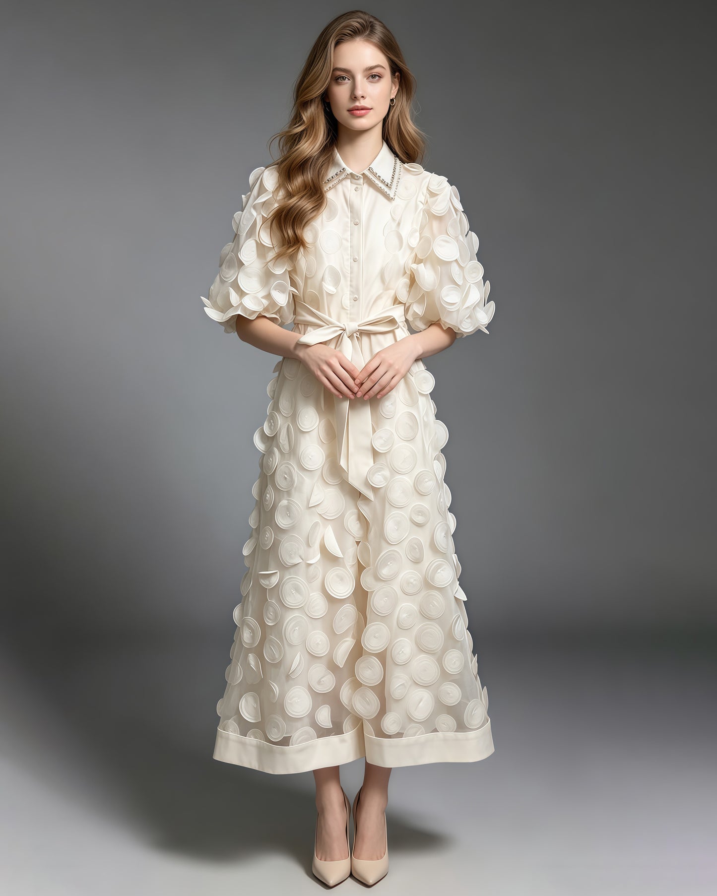 Apricot Beaded Lapel Tunic Belted Maxi Shirt Dress