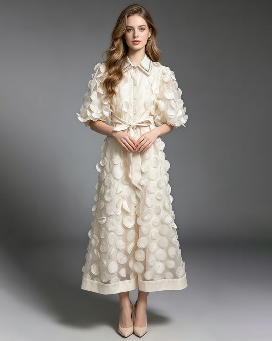 Apricot Beaded Lapel Tunic Belted Maxi Shirt Dress