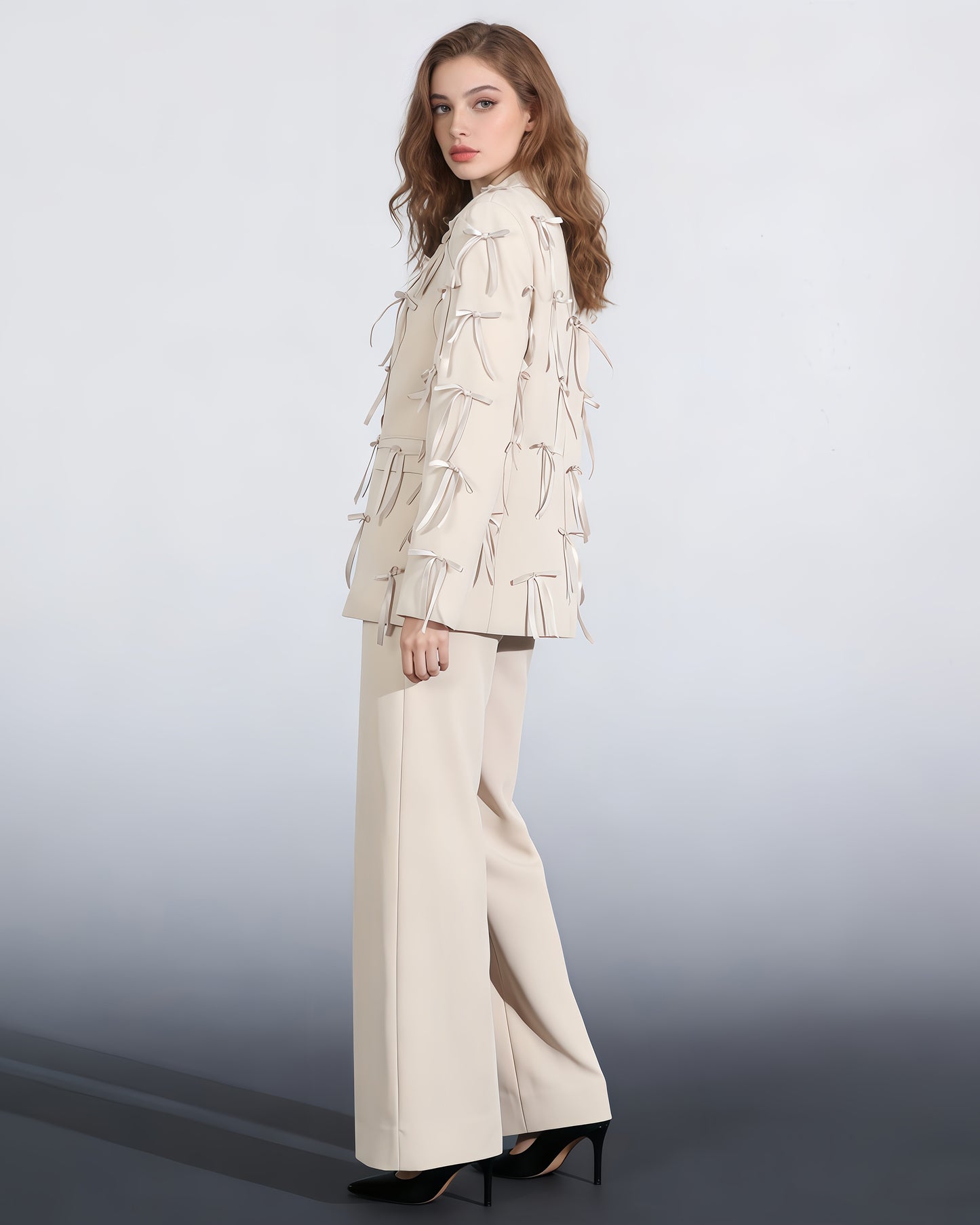 Apricot Blazer with Satin Bow Embellishments