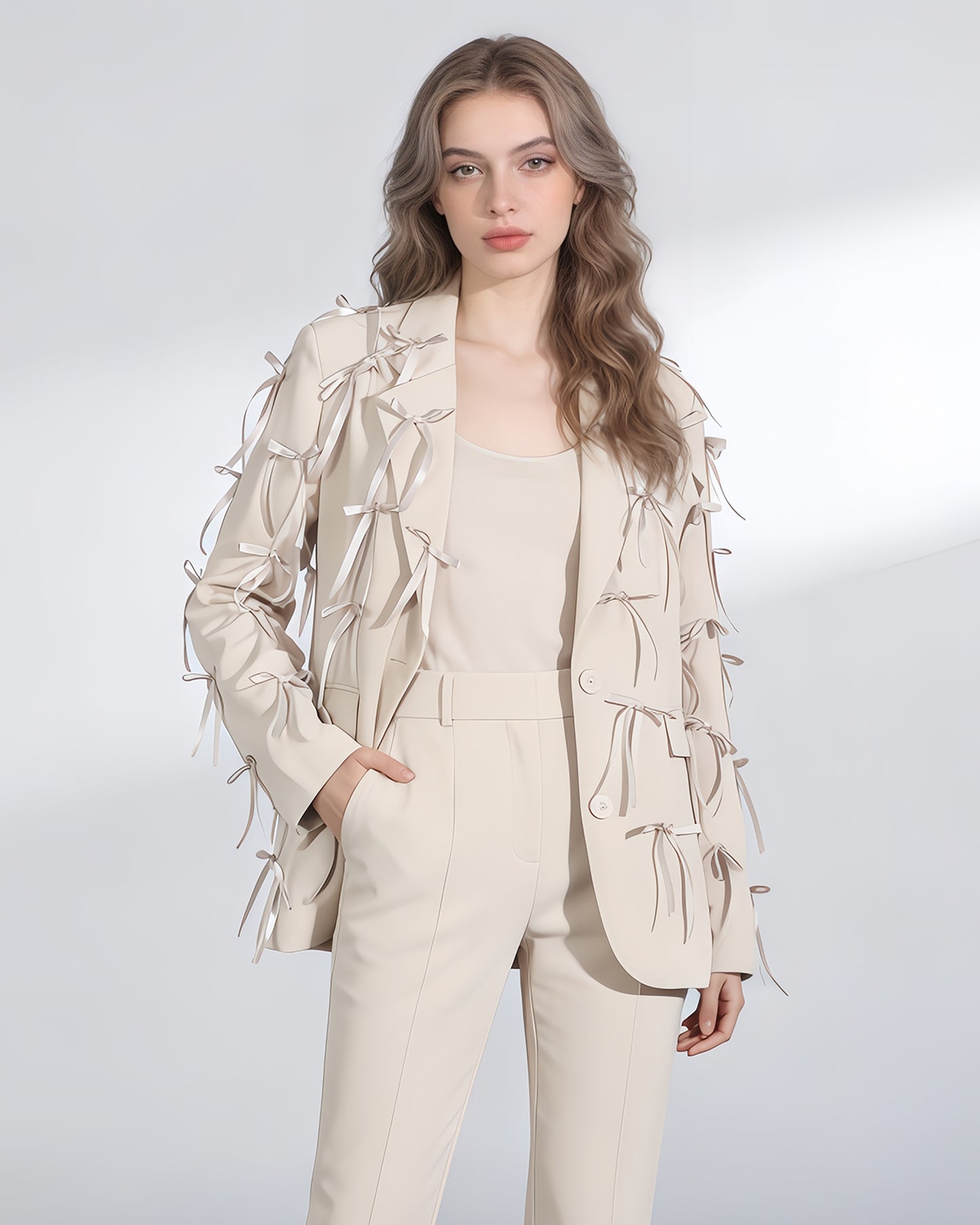 Apricot Blazer with Satin Bow Embellishments