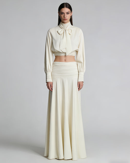 Apricot Bow Tie Smocked Waist Two-Piece Set