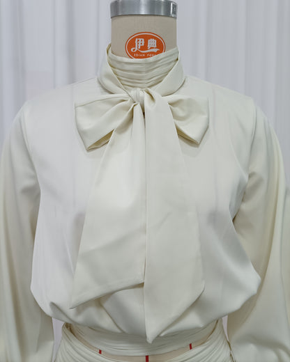 Apricot Bow Tie Smocked Waist Two-Piece Set