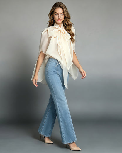 Apricot Bowknot Stand Collar Loose Blouse