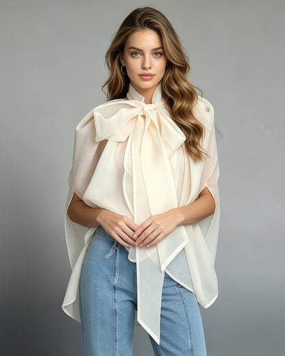Apricot Bowknot Stand Collar Loose Blouse