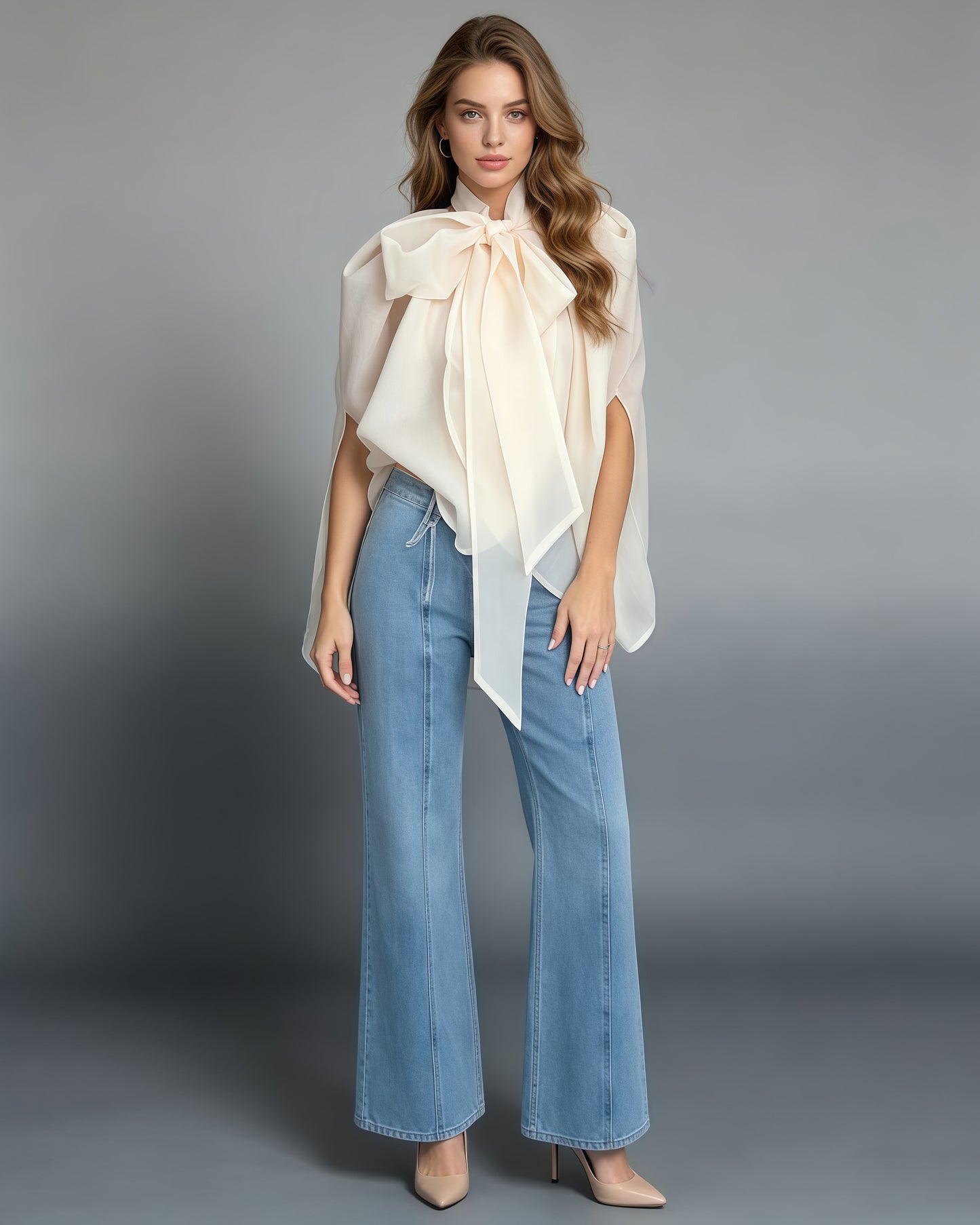 Apricot Bowknot Stand Collar Loose Blouse