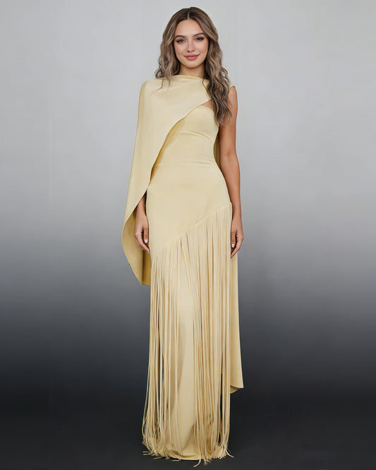 Apricot Cape Overlay Fringed Maxi Dress