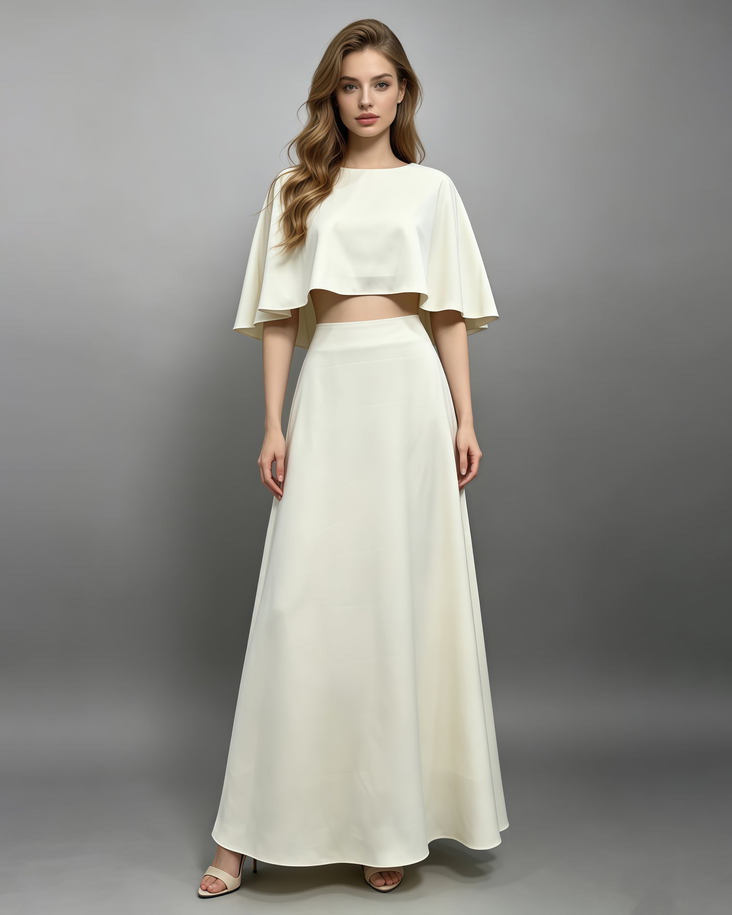 Apricot Cape Sleeve Crop Top High Waist Skirt Set