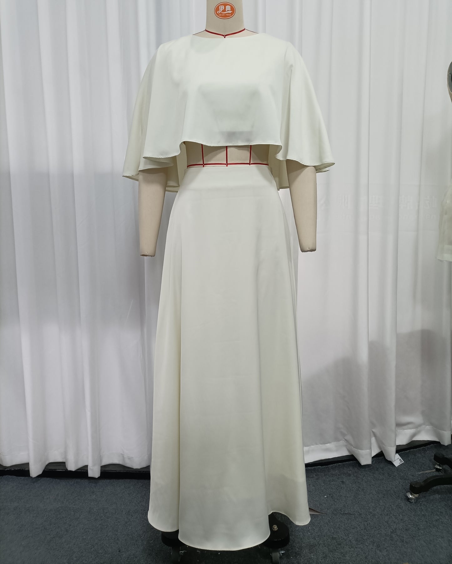 Apricot Cape Sleeve Crop Top High Waist Skirt Set