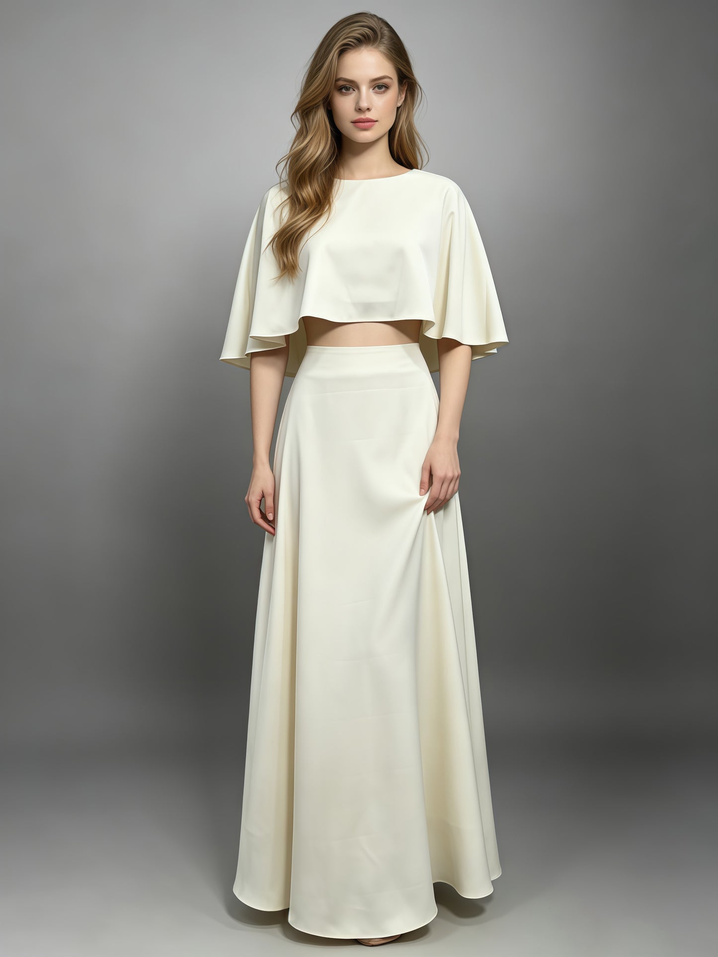 Apricot Cape Sleeve Crop Top High Waist Skirt Set