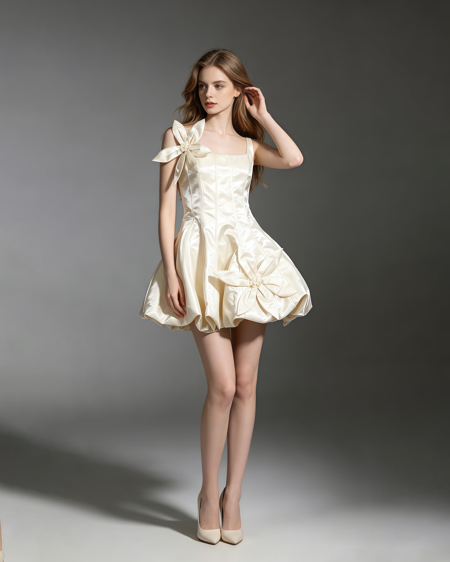 Apricot Corset Bodice 3D Flower Bubble Hem Mini Dress