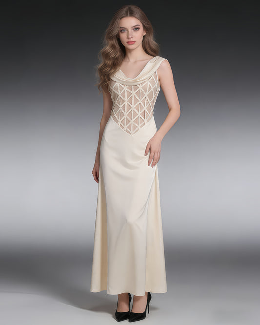 Apricot Cowl Neck Mesh Satin Maxi Dress