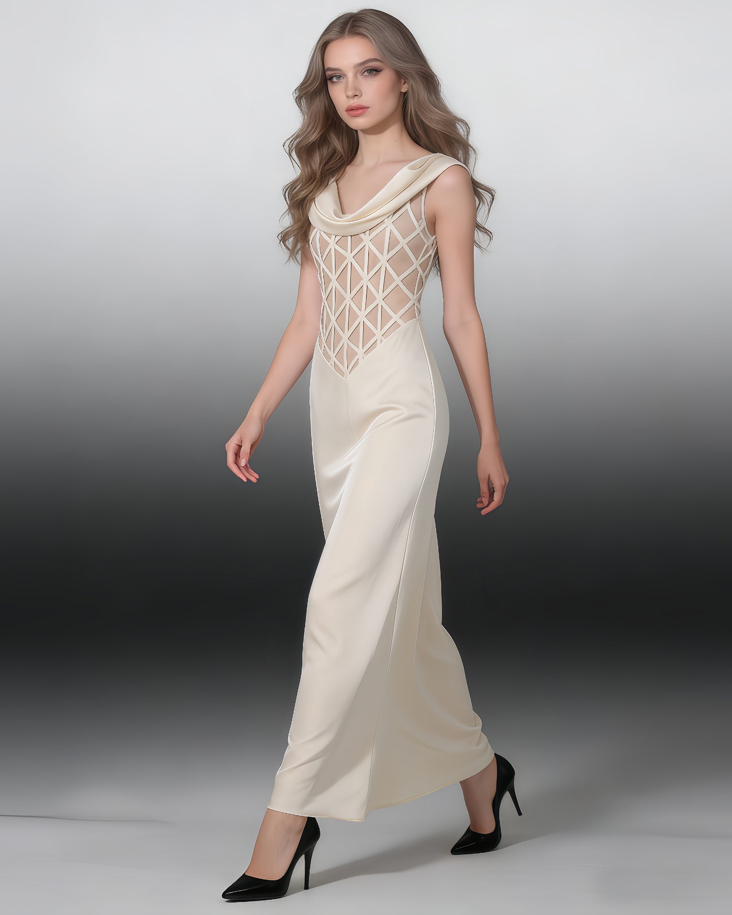 Apricot Cowl Neck Mesh Satin Maxi Dress