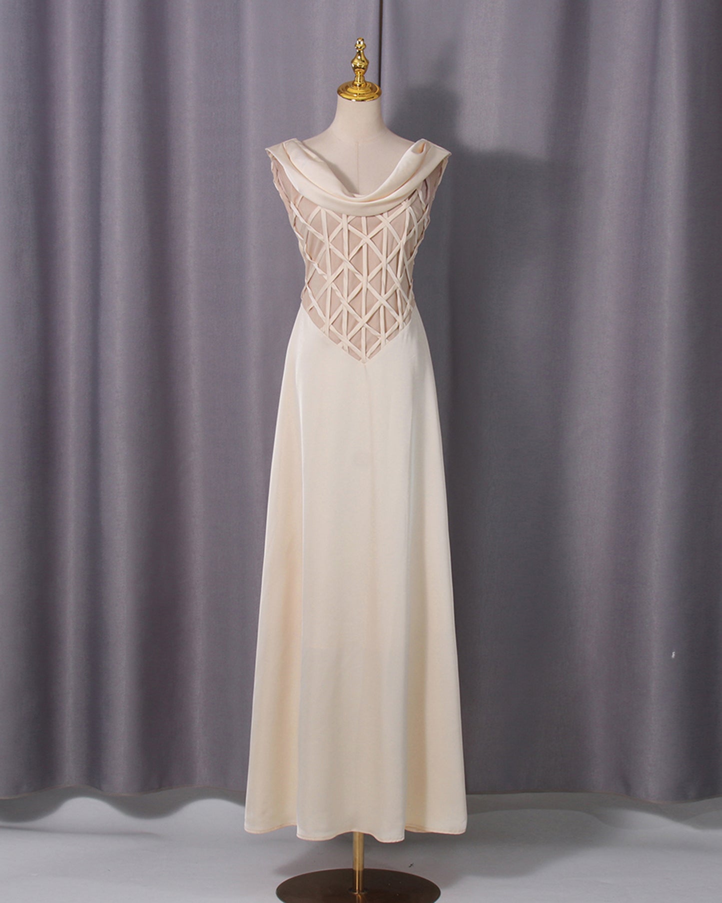 Apricot Cowl Neck Mesh Satin Maxi Dress