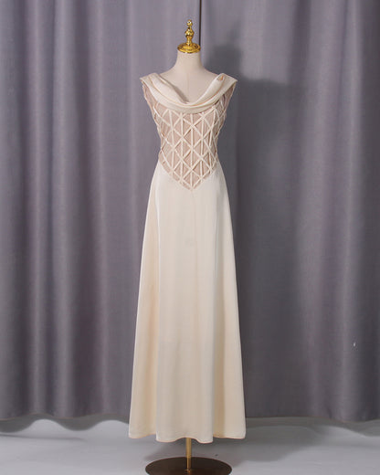 Apricot Cowl Neck Mesh Satin Maxi Dress