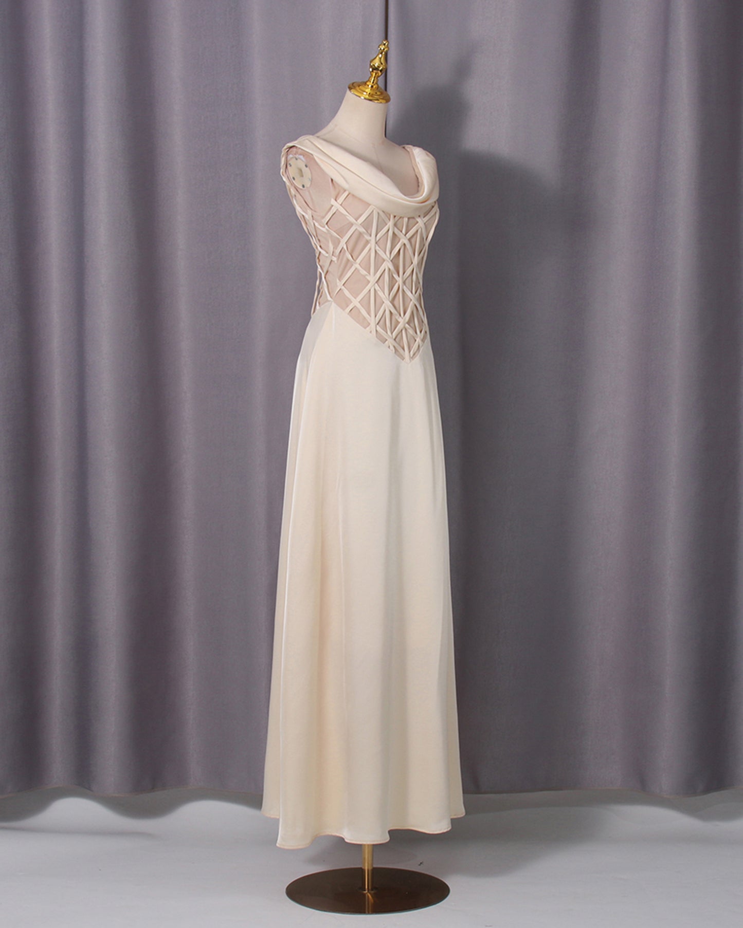 Apricot Cowl Neck Mesh Satin Maxi Dress