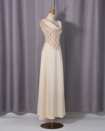 Apricot Cowl Neck Mesh Satin Maxi Dress