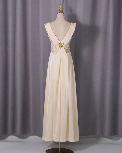 Apricot Cowl Neck Mesh Satin Maxi Dress