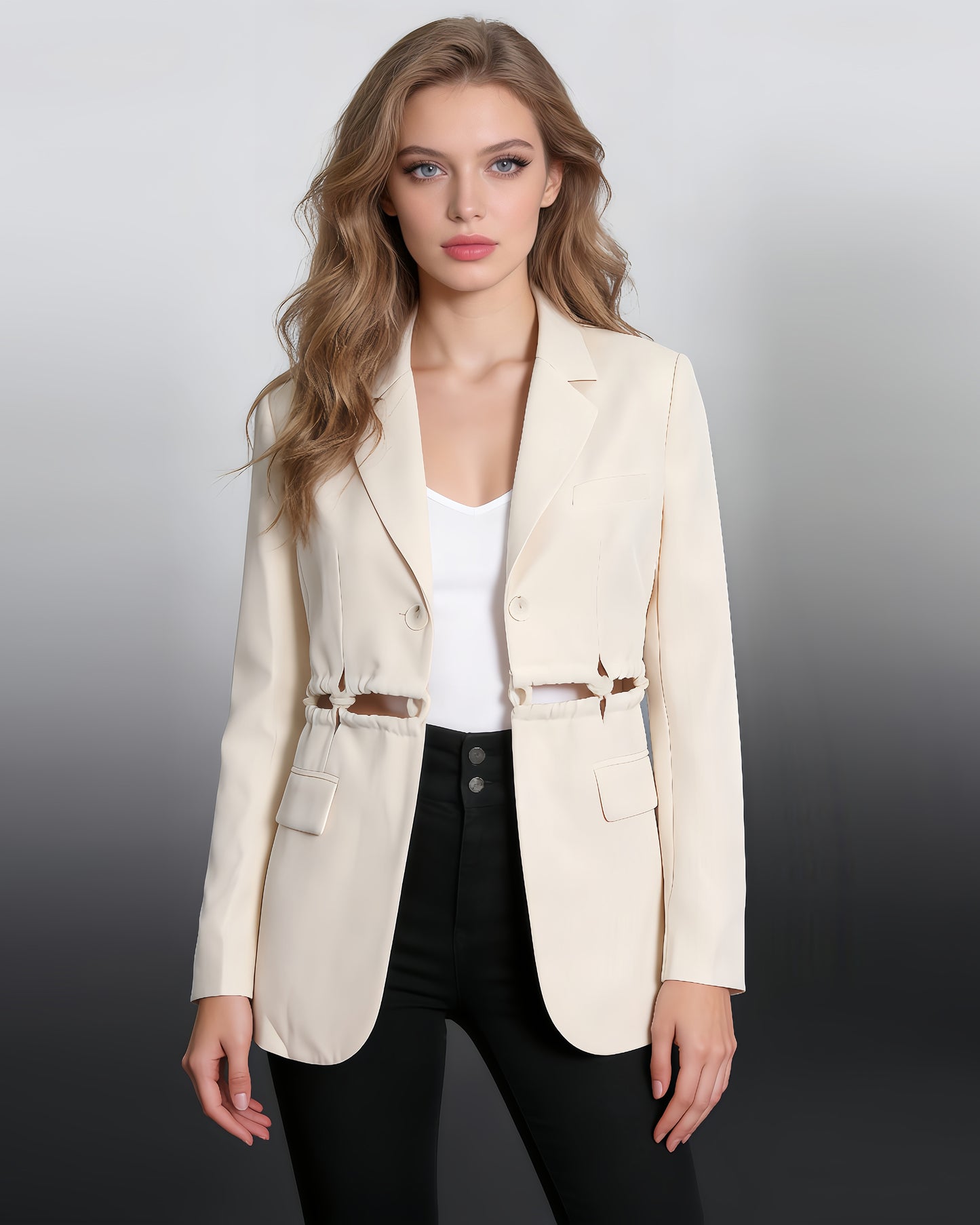 Apricot Cropped Blazer with Ruched Cutout Waist