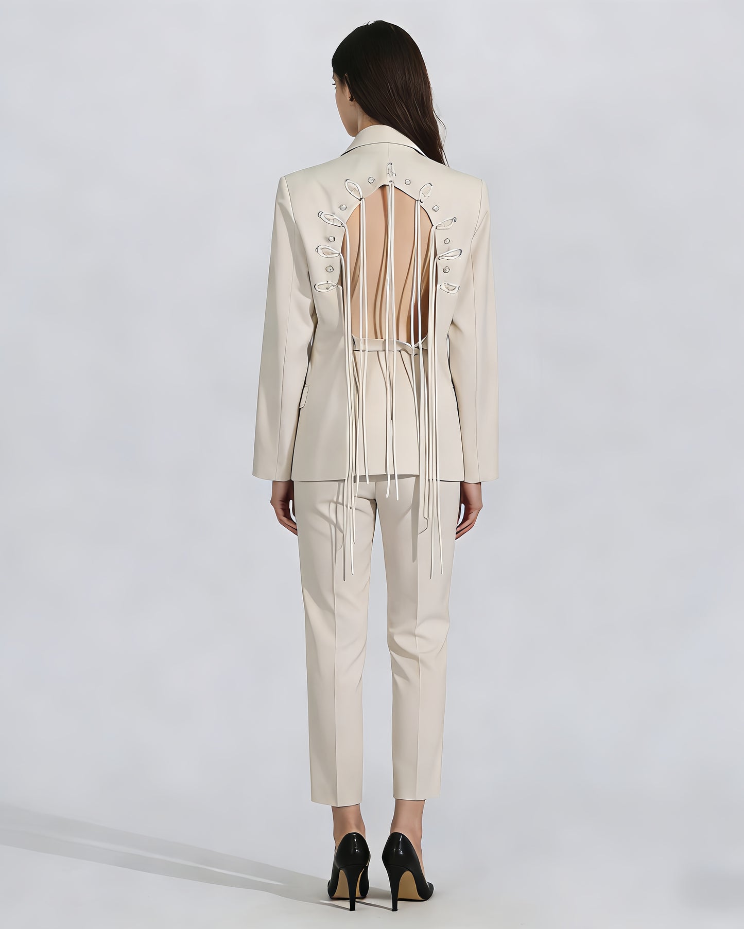 Apricot Double-Breasted Blazer Back Tassels