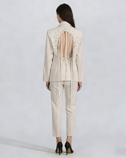 Apricot Double-Breasted Blazer Back Tassels