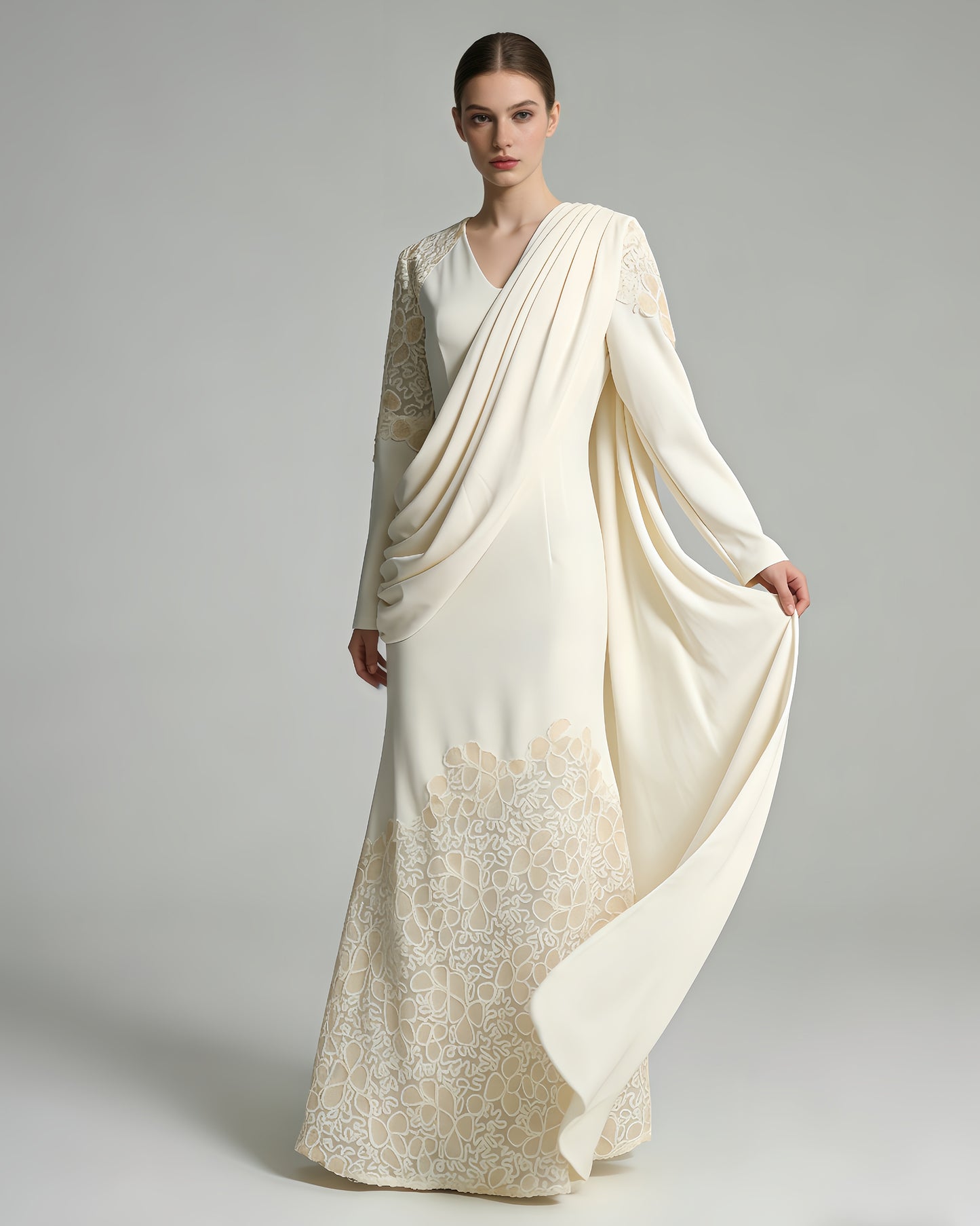 Apricot Draped Lace Mermaid Maxi Dress