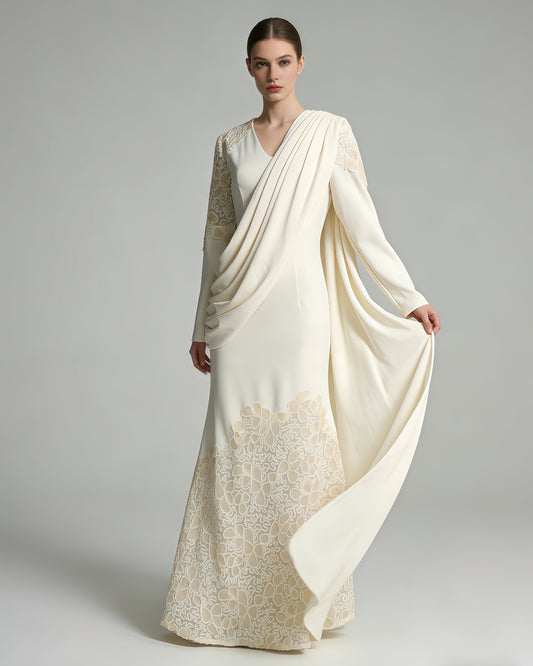 Apricot Draped Lace Mermaid Maxi Dress