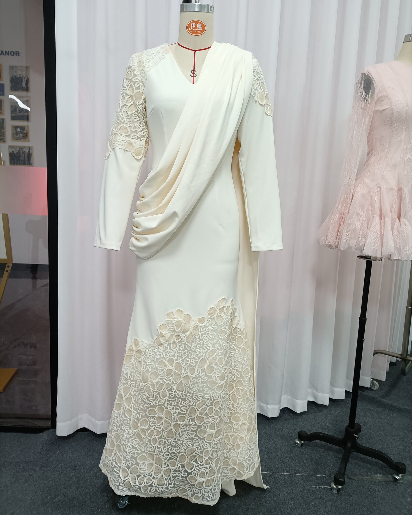 Apricot Draped Lace Mermaid Maxi Dress