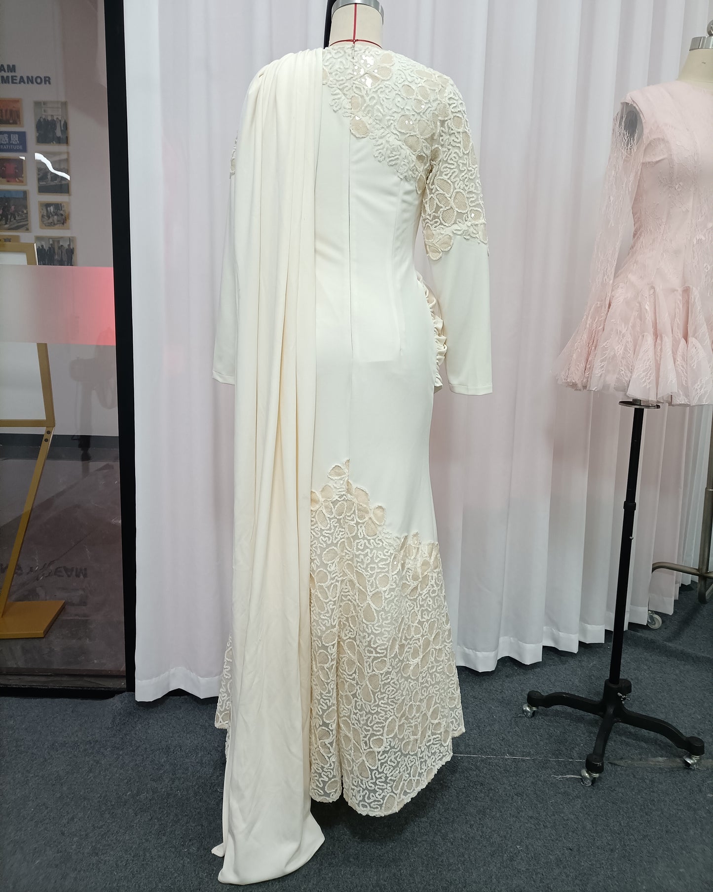 Apricot Draped Lace Mermaid Maxi Dress