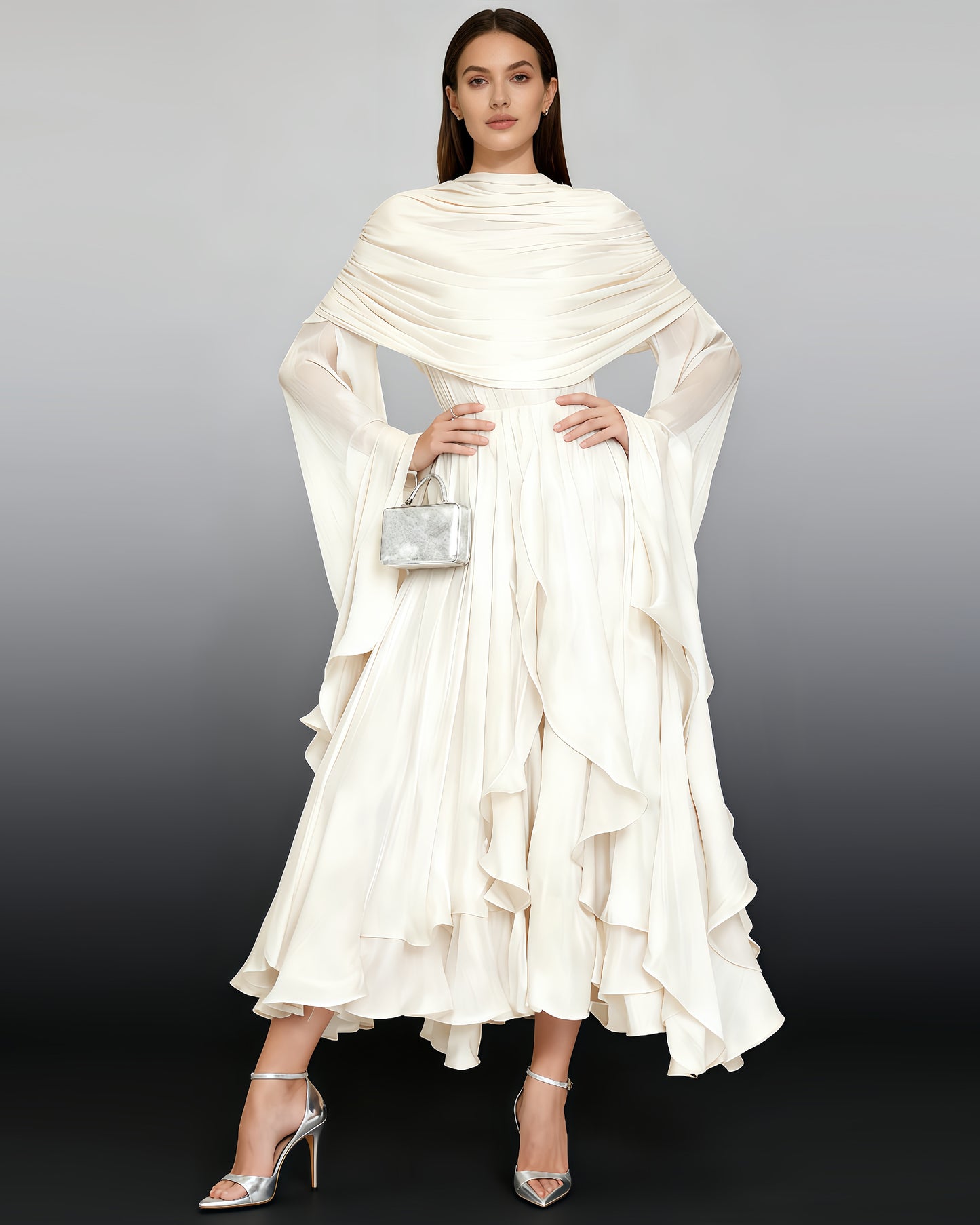 Apricot Draped Ruffled Asymmetrical Maxi Gown