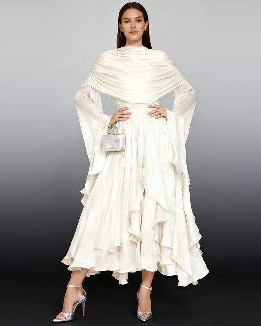 Apricot Draped Ruffled Asymmetrical Maxi Gown