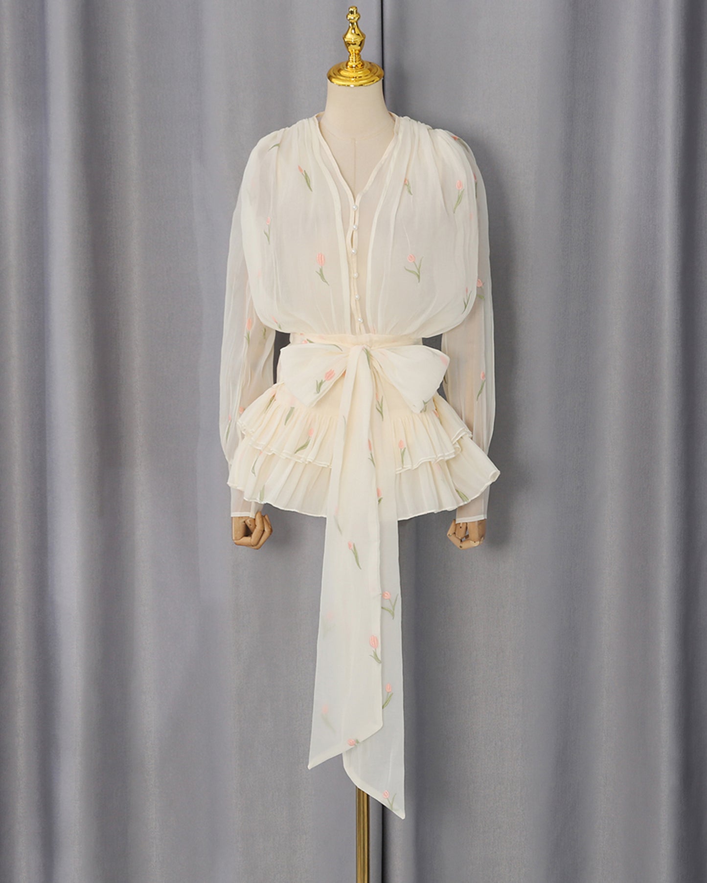 Apricot Embroidery Chiffon Ruffle Hem Mini Dress