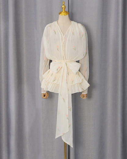 Apricot Embroidery Chiffon Ruffle Hem Mini Dress