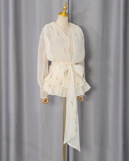Apricot Embroidery Chiffon Ruffle Hem Mini Dress
