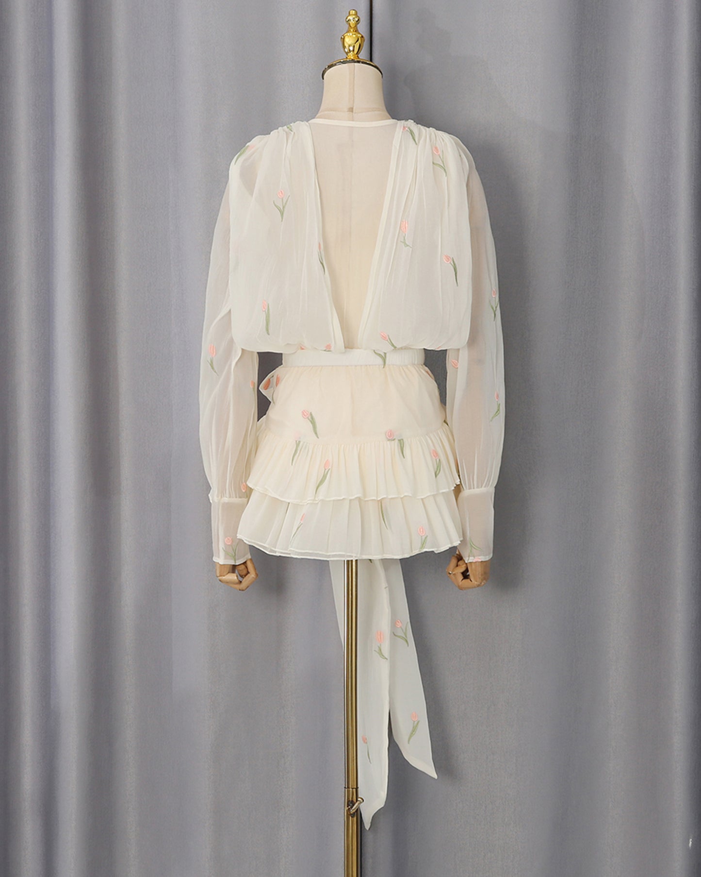 Apricot Embroidery Chiffon Ruffle Hem Mini Dress