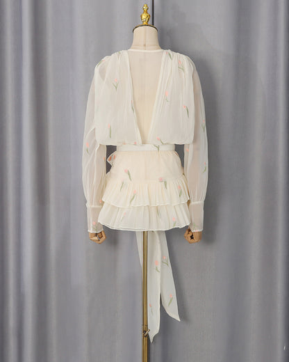 Apricot Embroidery Chiffon Ruffle Hem Mini Dress