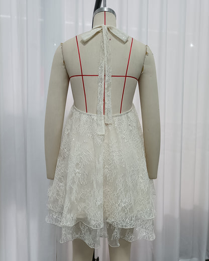 Apricot Floral Lace Halter Neck Flowy Mini Dress