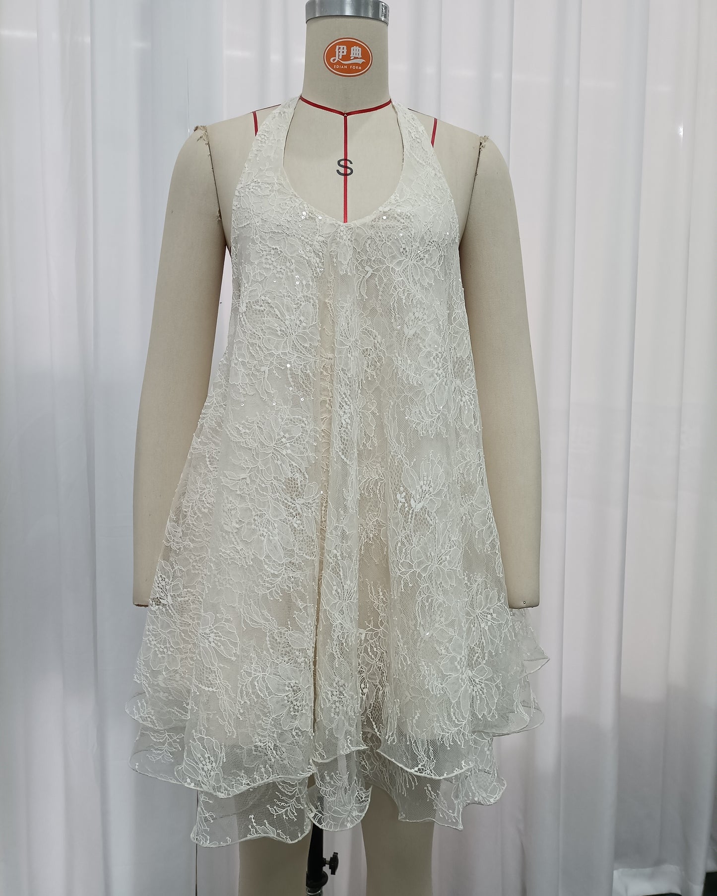 Apricot Floral Lace Halter Neck Flowy Mini Dress