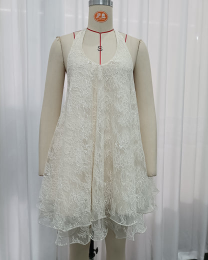 Apricot Floral Lace Halter Neck Flowy Mini Dress