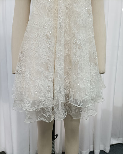 Apricot Floral Lace Halter Neck Flowy Mini Dress