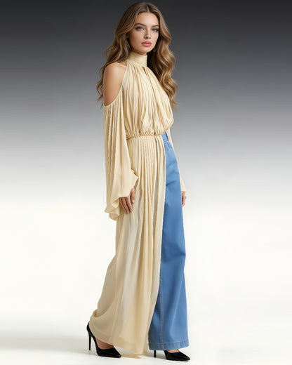 Apricot Halter Cold-Shoulder Draped Cropped Top